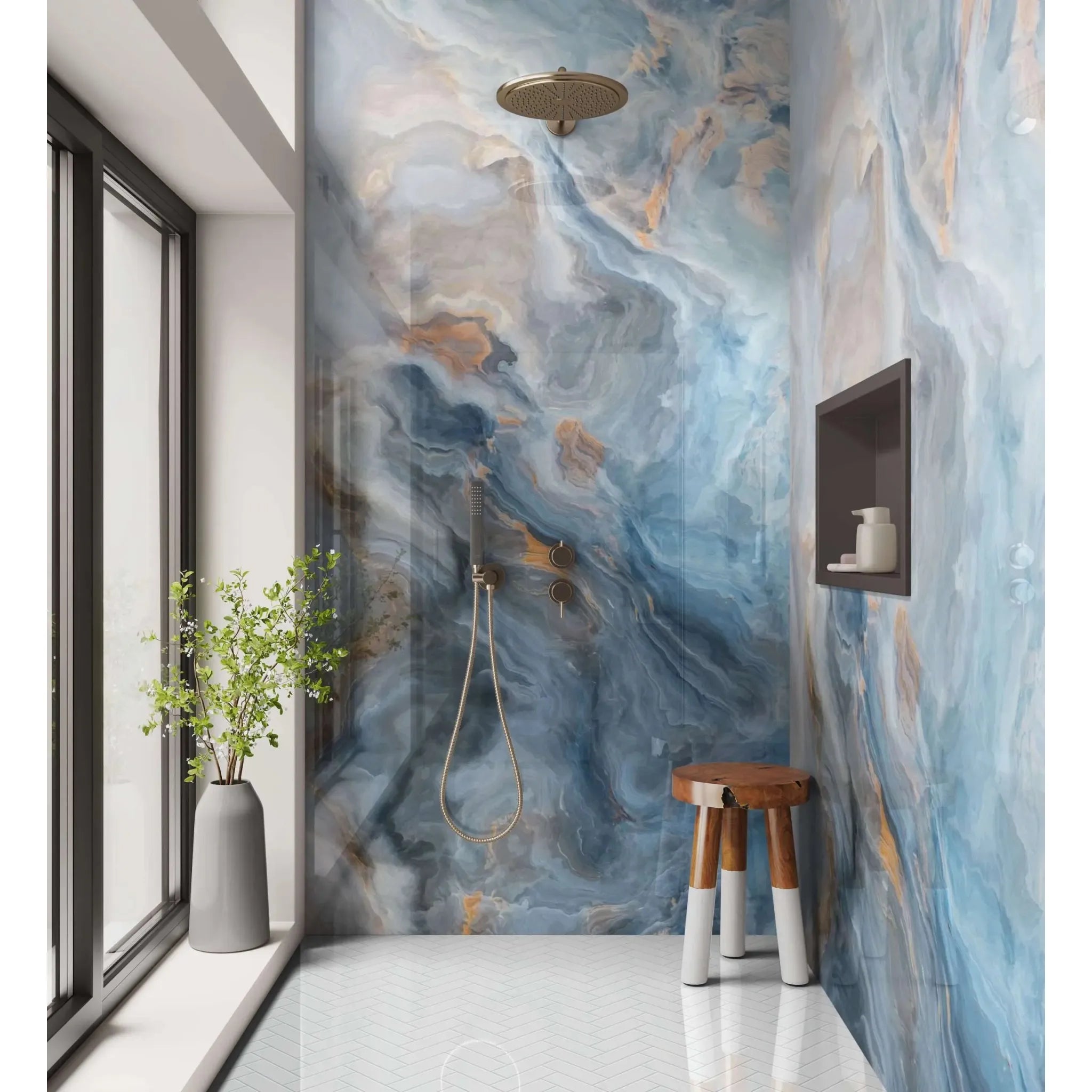 Shower panel onyx crystal dark with blue and gold veined marble wall and brass rainhead for luxury shower use