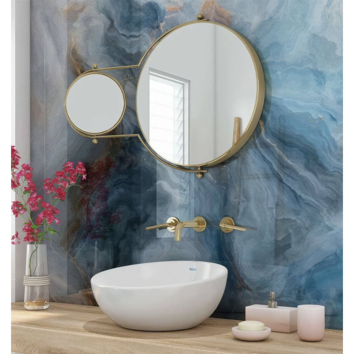 Gold-framed circular vanity mirror with smaller magnifying mirror on articulated arm for shower panel onyx crystal dark