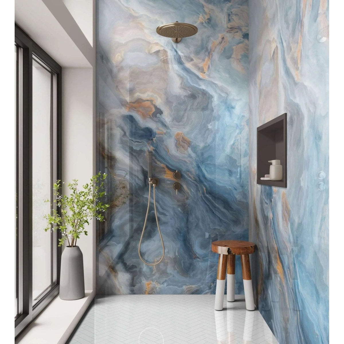 Shower panel onyx crystal light with blue and white marble patterned wall and gold toned fixtures in bathroom setting