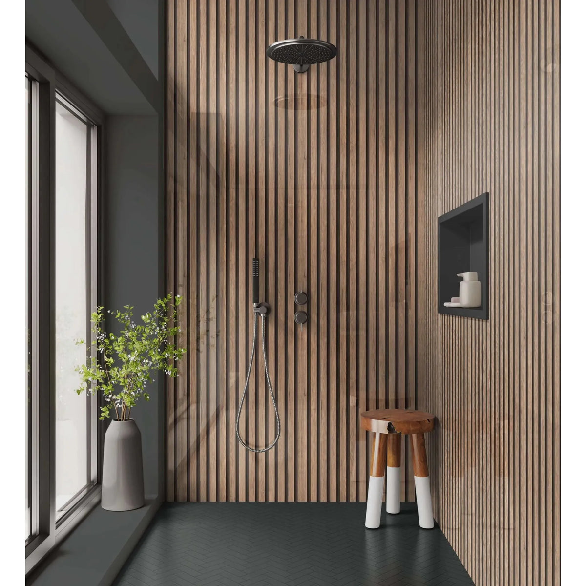 Modern black showerhead with sleek circular design mounted on pale walnut acoustic slatted wooden wall panel
