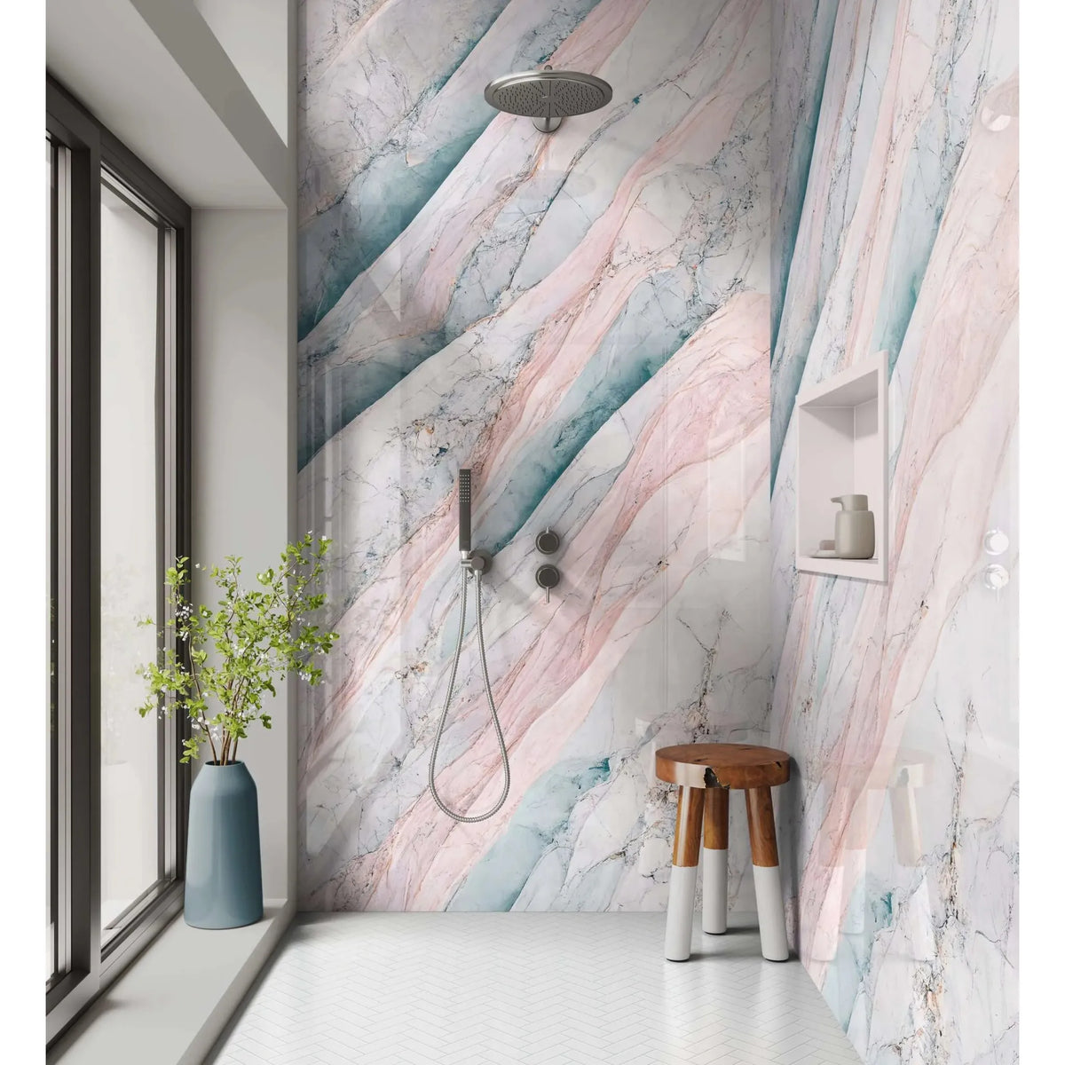 Shower panel pink blue lamura marble with a sleek metallic showerhead featuring an integrated rain-style spray pattern