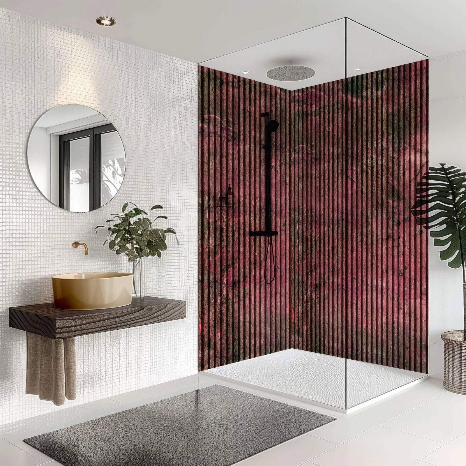 Shower panel pink concrete slat wall with red and black vertical-striped glass panel and modern black fixtures
