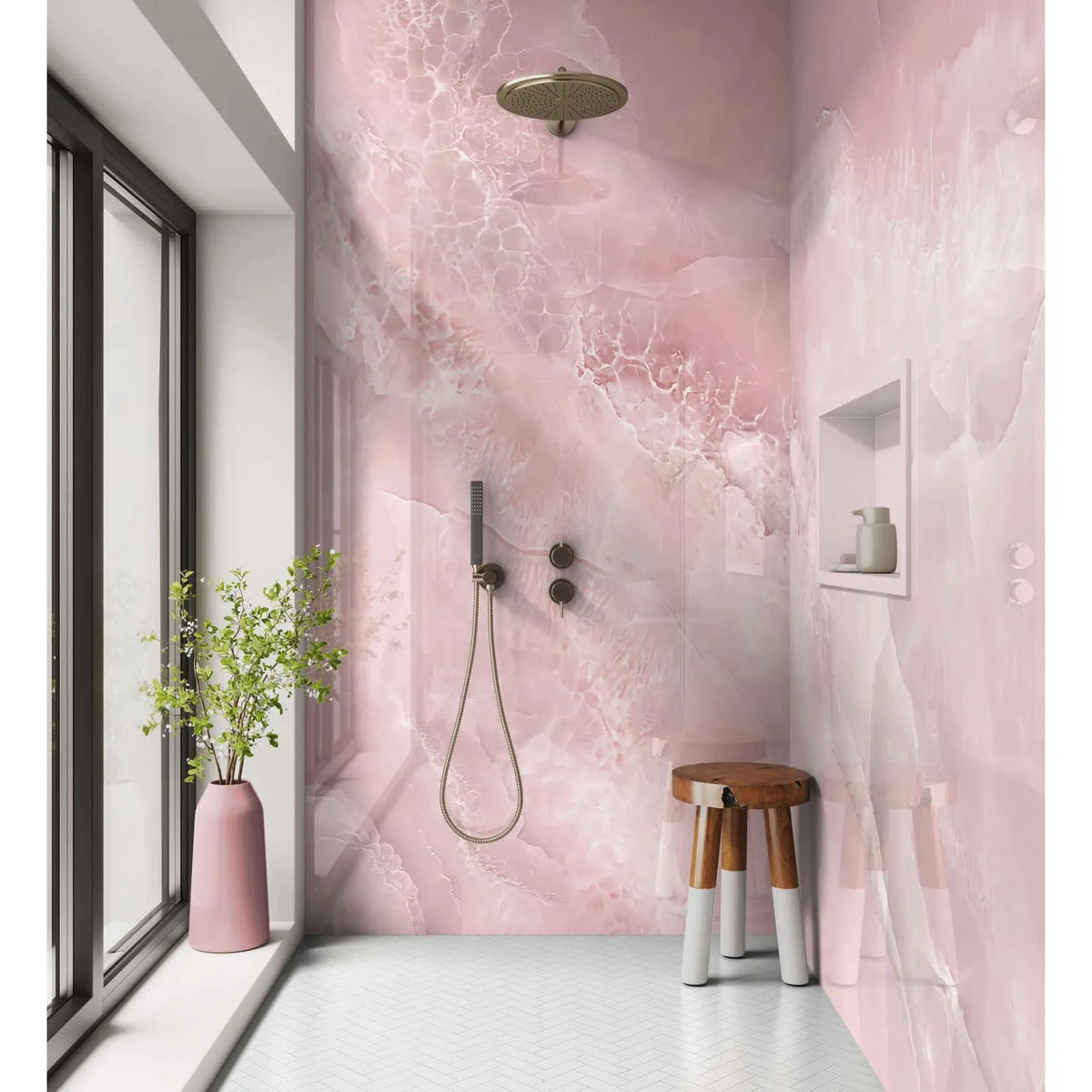 Pink marble shower panel with gold rainhead and chrome fixtures for a stylish bathroom upgrade