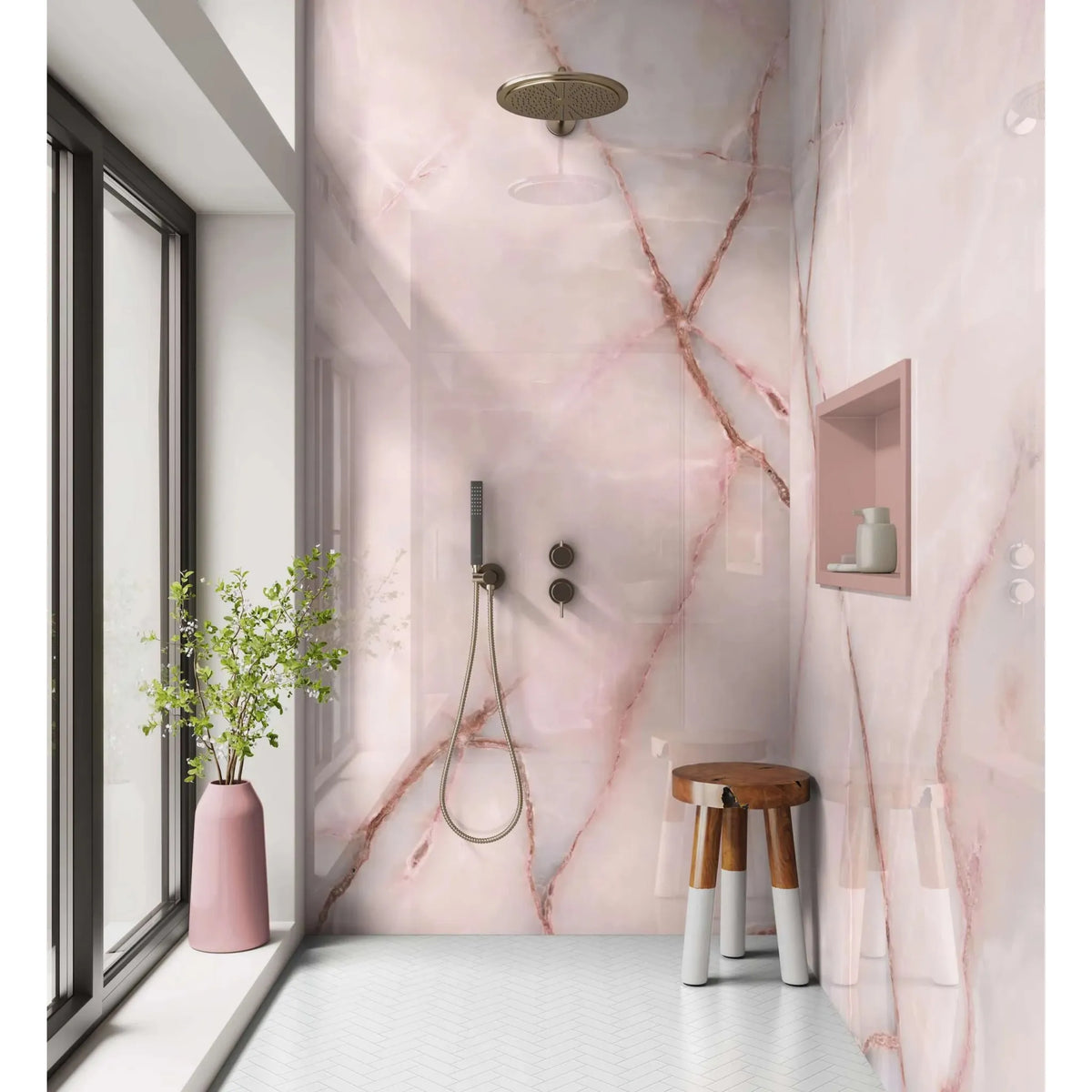 Shower panel pink veined marble with pink marble wall and gold-toned rainhead and chrome fixtures