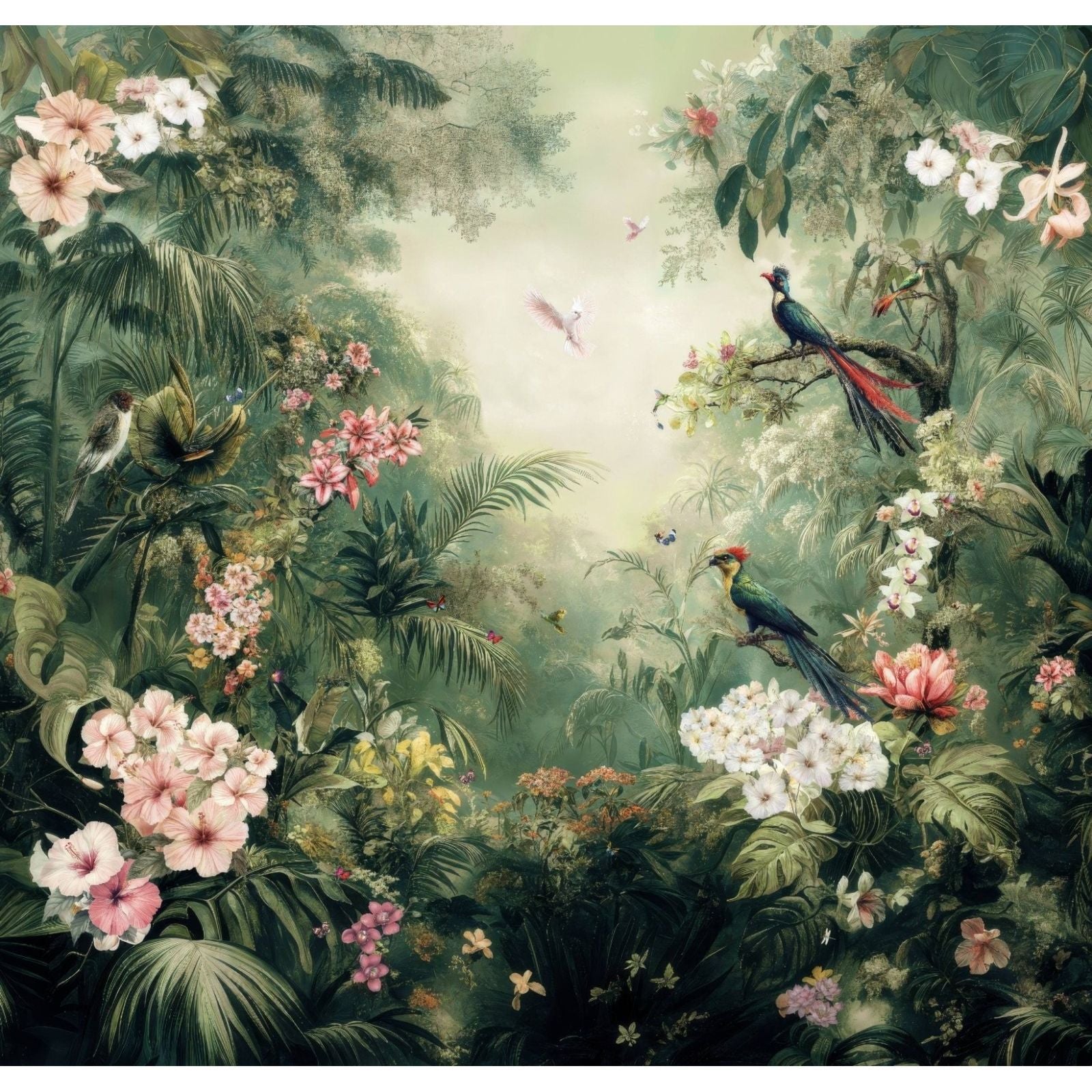 Shower panel tropical rainforest featuring a lush mural with vibrant pink and white flowers and colorful birds