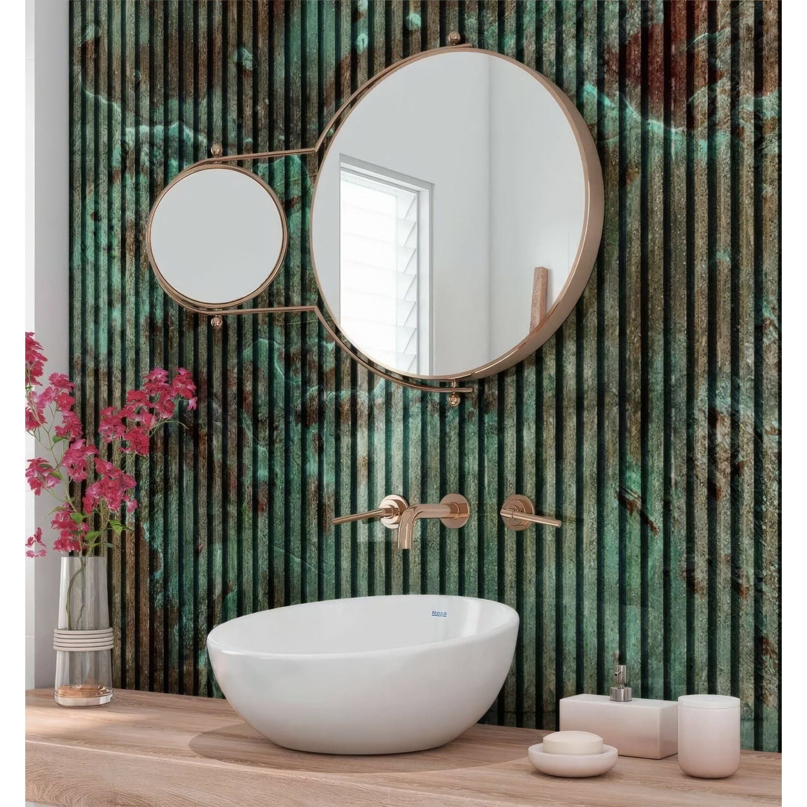 White ceramic bowl sink with rose gold faucet and matching mirrors against turquoise concrete slat wall shower panel