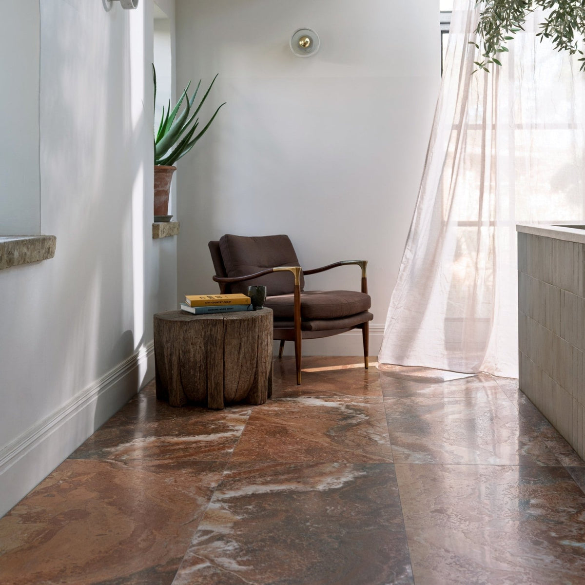 Sicilia Porcelain Brushed brown and gold veined marble-effect tile