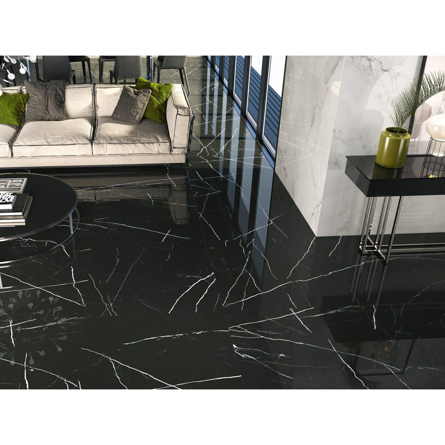 Siena 1815 Negro polished black marble-effect floor tiles with glossy finish and white veining