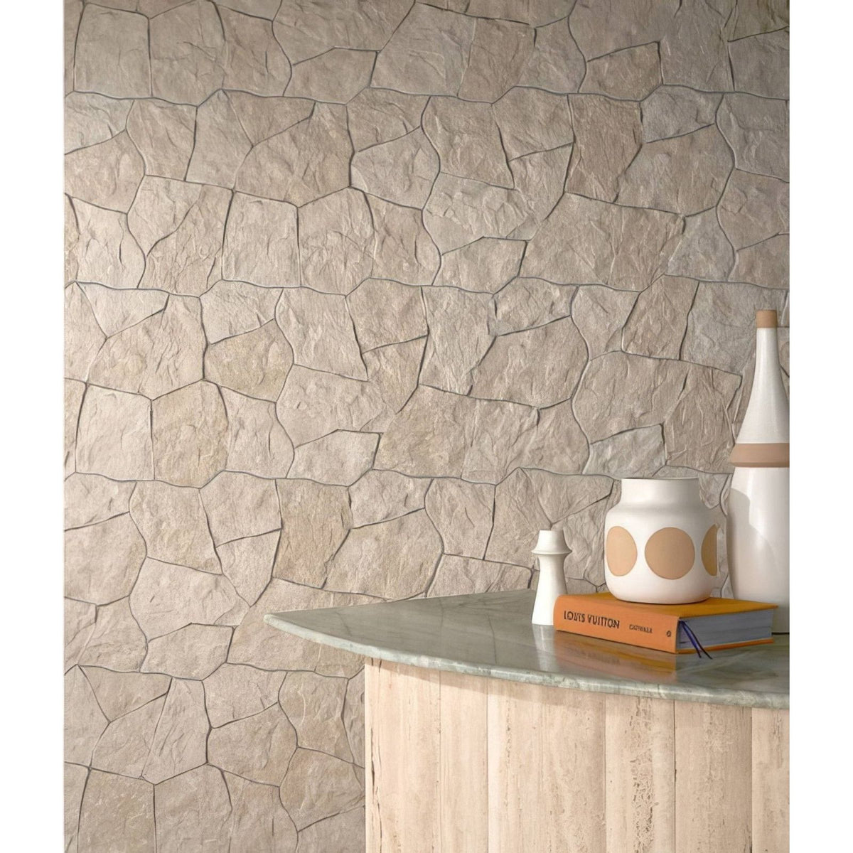 Beige sierra porcelain textured wall tile with stone effect surface and subtle gray grout lines