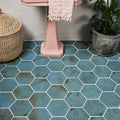 Blue hexagonal porcelain floor tiles with white grout and distressed vintage finish signature porcelain verdigris