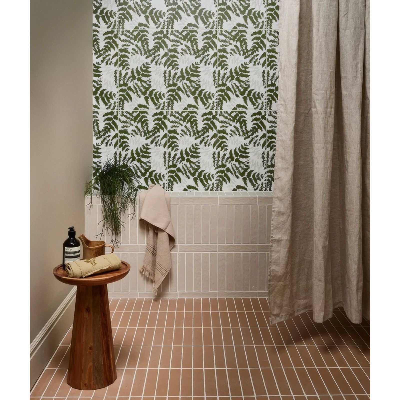 Silk screen ceramic fernery green and white fern-patterned wall tiles showcasing nature-inspired design
