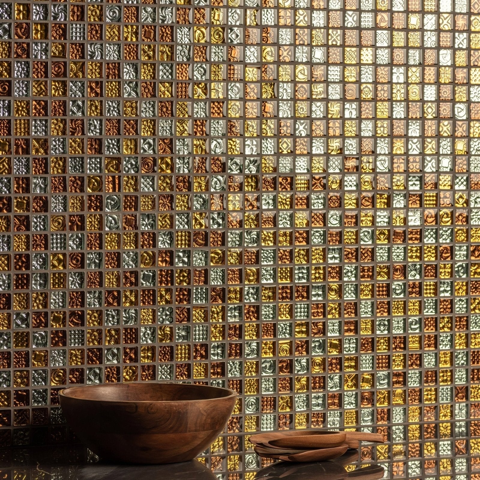 Silmaril Mosaic gold, copper and silver embossed mosaic with a dark wooden bowl