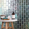 Silver Gloss Mosaic Radiance iridescent green and blue glass mosaic with an amber body wash bottle