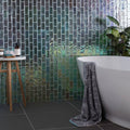 Silver gloss mosaic radiance iridescent green and blue glass rectangular tiles forming a shimmering textured wall