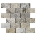 Silver grey travertine brick mosaic with gray stone tiles featuring a rustic textured surface and natural tone variations