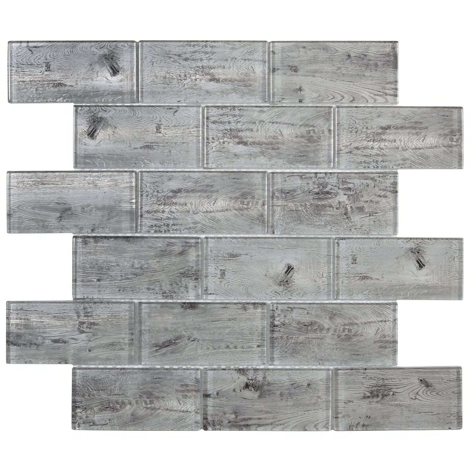 Silver wood effect glass brick mosaic showing gray glass mosaic tile with rustic wood grain pattern