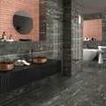 Sirena Copper 30 x 20cm copper fish-scale metal mosaic with copper bowl sinks on a marble countertop