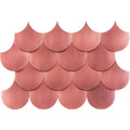 Sirena copper metal tiles in a scalloped fish-scale pattern with a copper finish measuring 30 by 20 cm