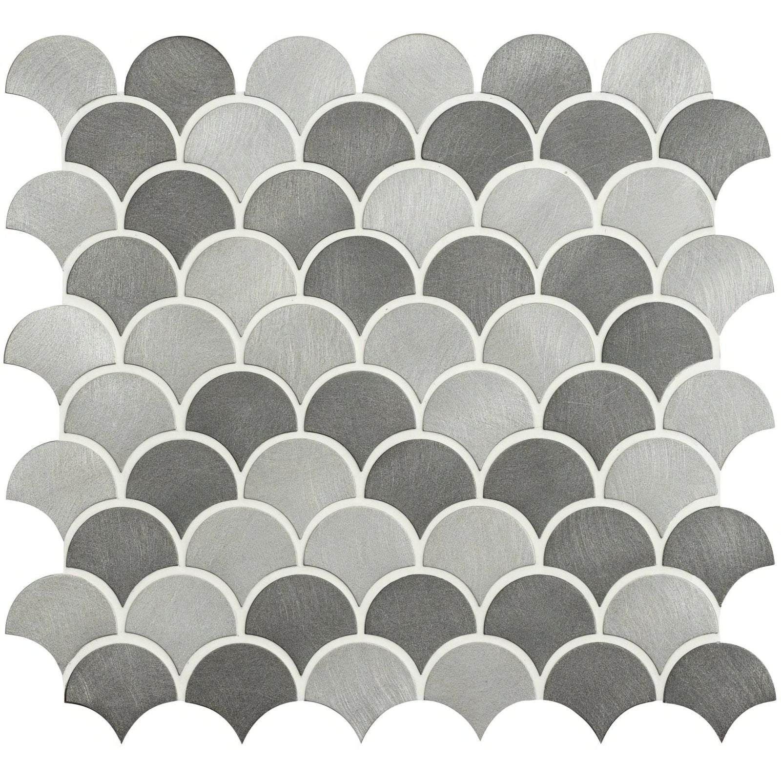 Gray scalloped mosaic tile with brushed metallic finish in skaro grey and silver mix scale aluminium mosaic