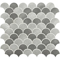 Gray scalloped mosaic tile with brushed metallic finish in skaro grey and silver mix scale aluminium mosaic