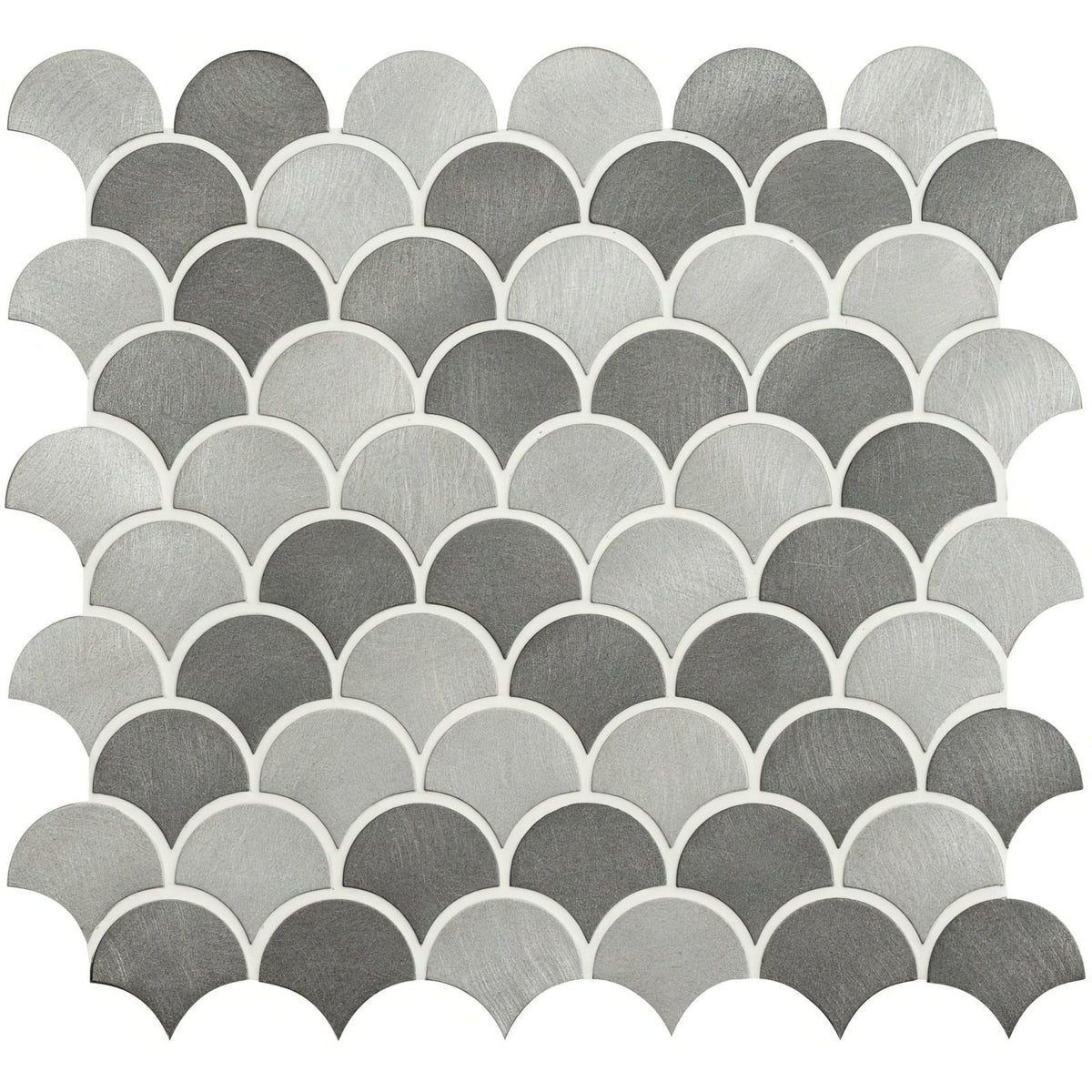 Gray scalloped mosaic tile with brushed metallic finish in skaro grey and silver mix scale aluminium mosaic