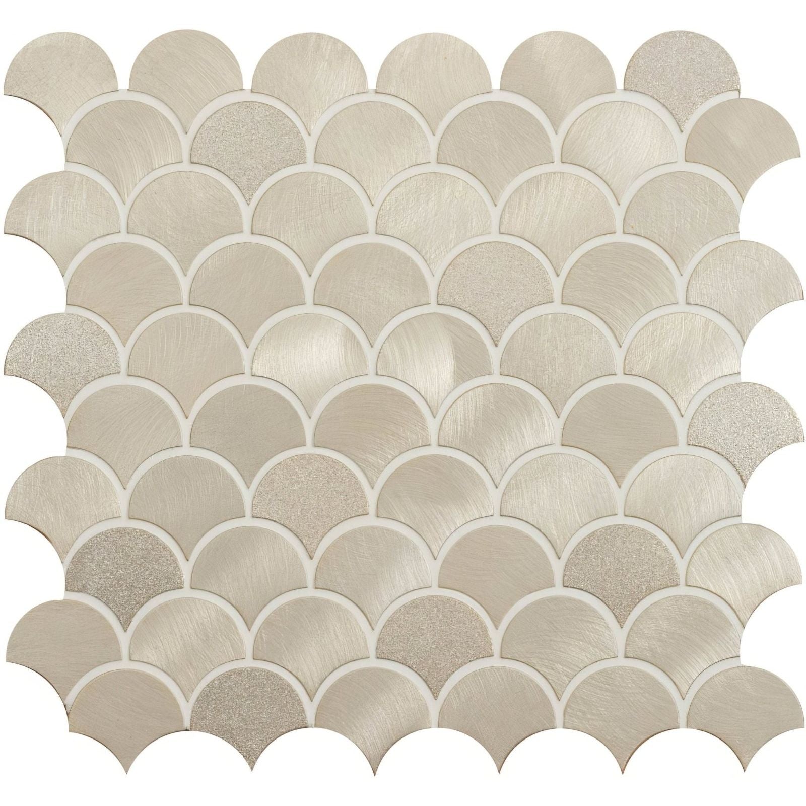 Silver-toned brushed metal fish-scale mosaic tile with subtle texture from skathi gold scale mixed finish aluminum mosaic