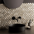 Skathi Gold Scale Mixed Finish Aluminium Mosaic gold fish-scale aluminium mosaic with a black vessel sink