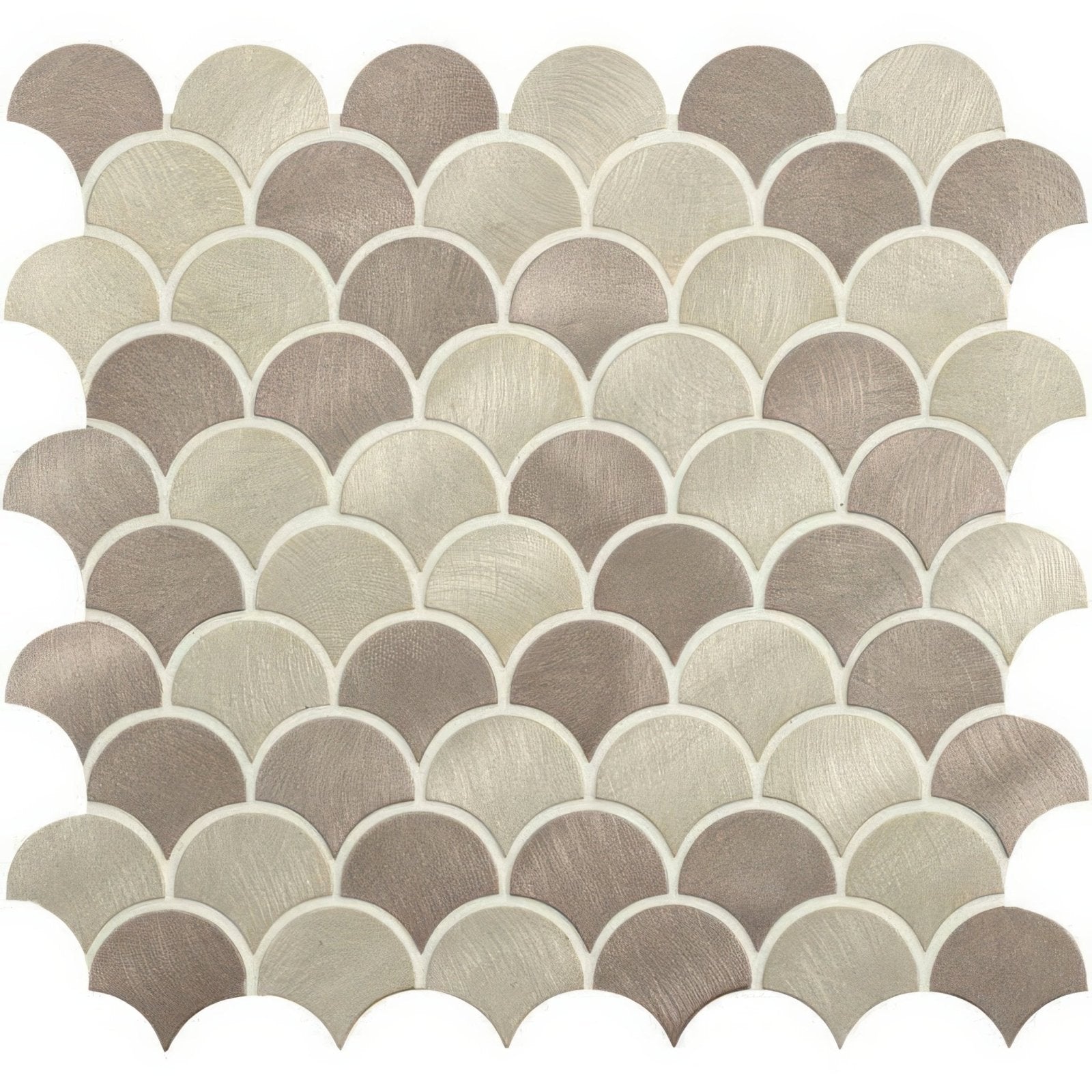 Beige and taupe metallic fish-scale aluminium mosaic tile with brushed finish for wall and surface decoration