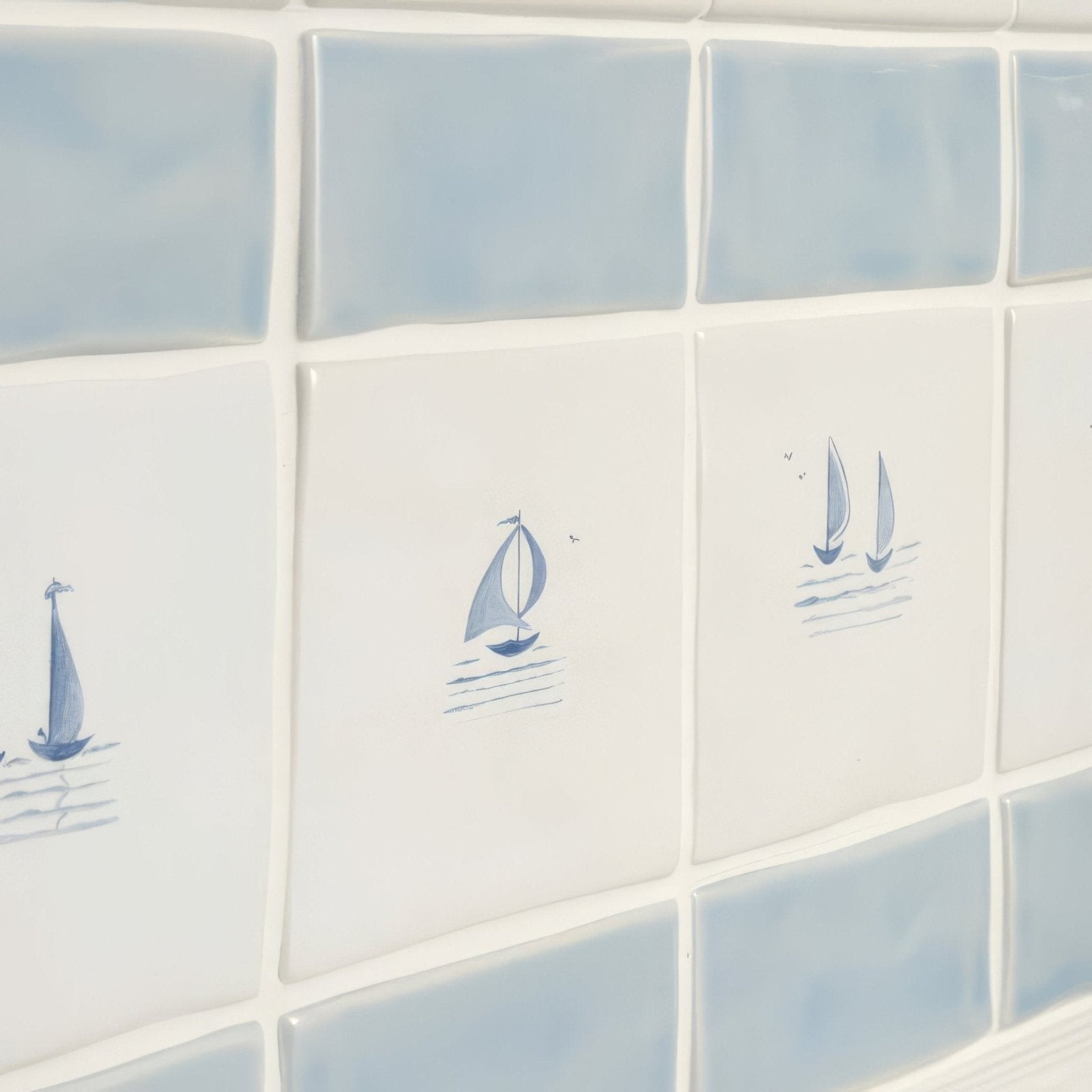 White ceramic sky blue half tile with hand-painted blue sailboat designs and light blue glazed border tiles