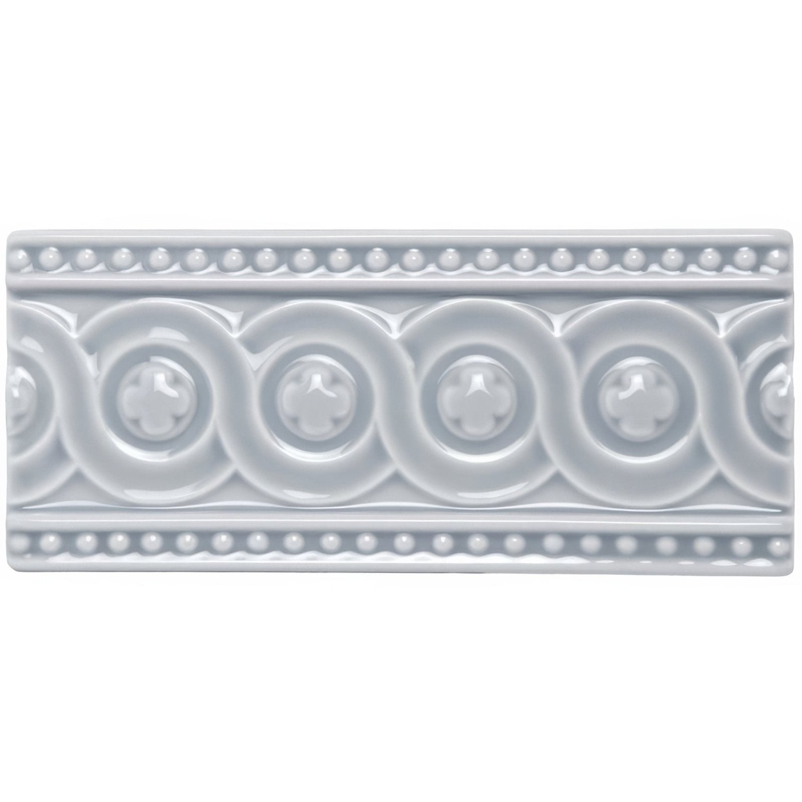 Snape Baroque light gray ceramic tile with elegant circular medallions and beaded border pattern