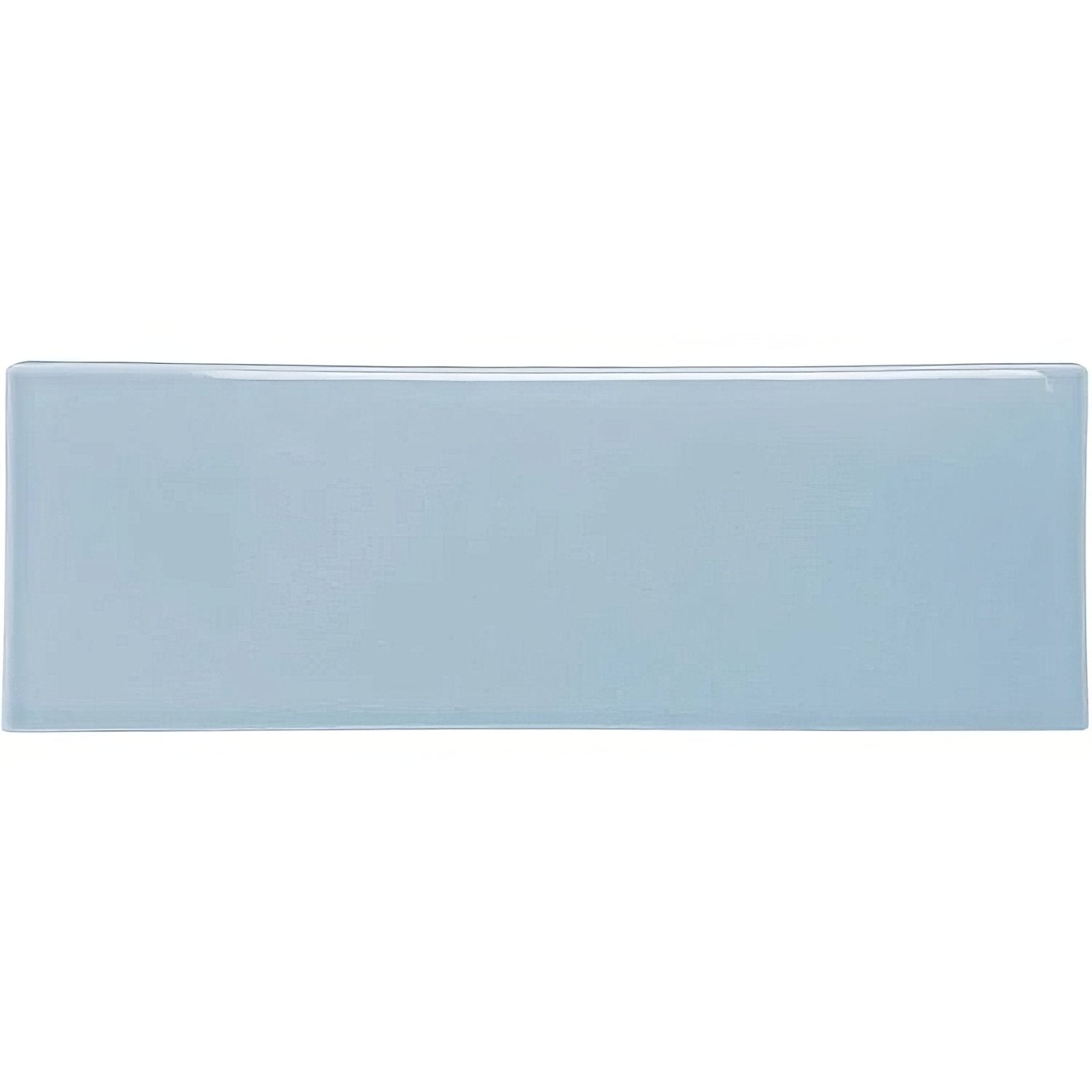 A sleek rectangular ceramic brick tile snape with a smooth glossy light blue finish