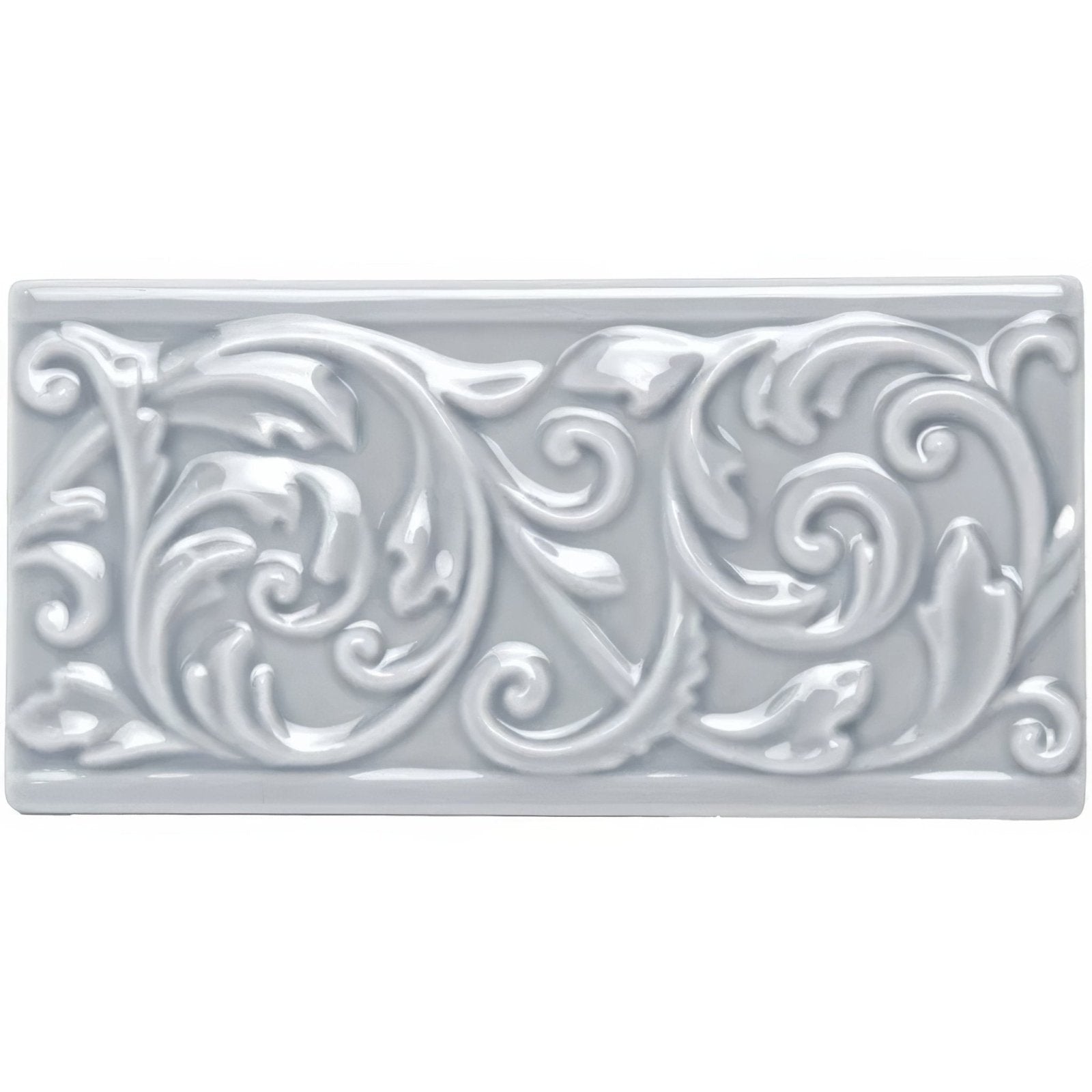 Snape Buckingham rectangular glossy white ceramic tile with intricate raised floral and scrollwork design