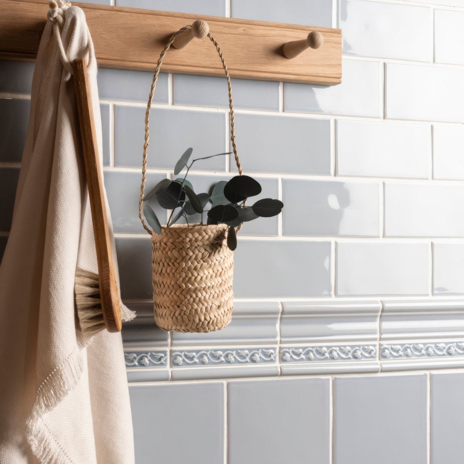 Snape field tile natural straw hanging planter with braided rope handle holding dark green eucalyptus leaves