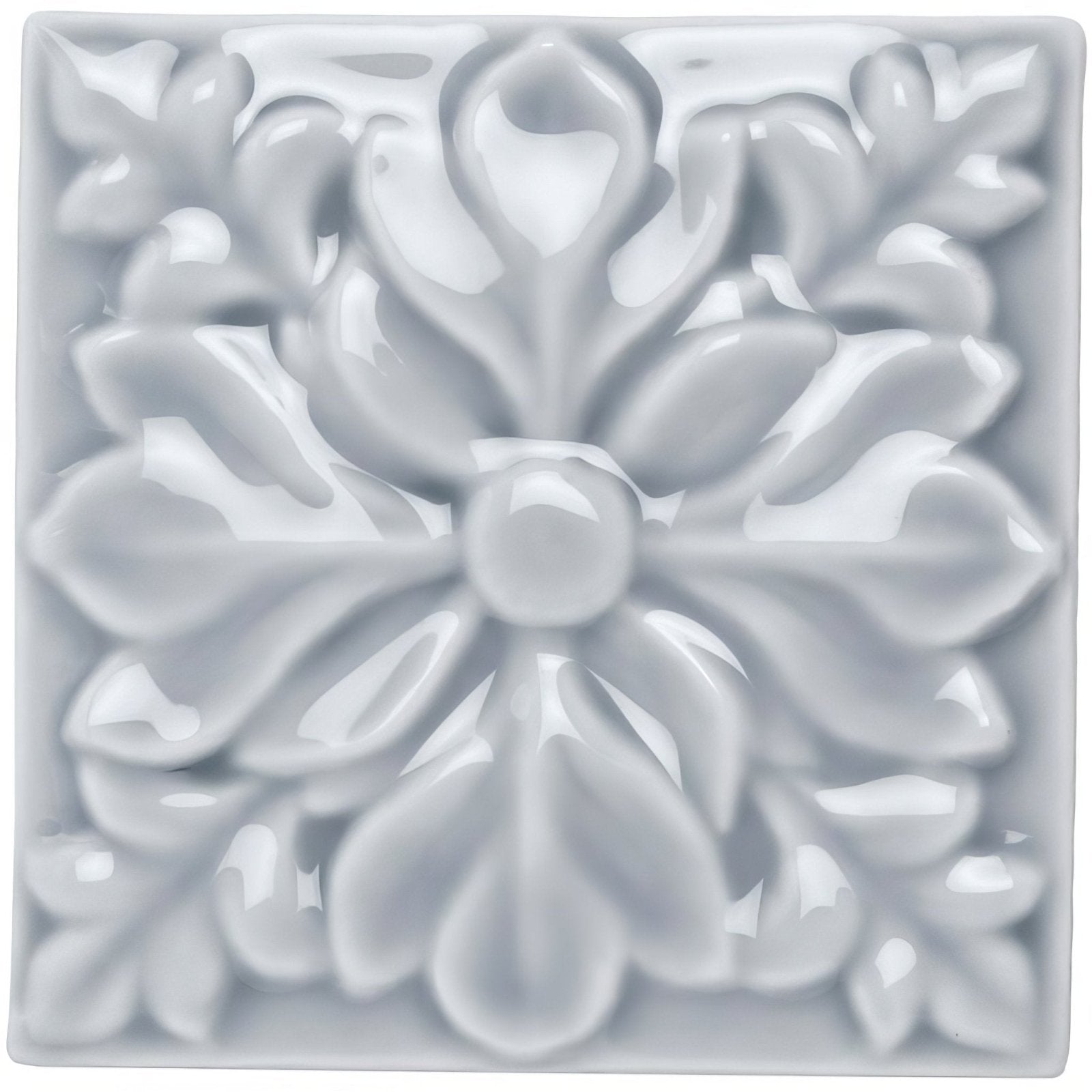 Snape Hampstead square glossy white ceramic tile with embossed floral design featuring symmetrical petals and leaves