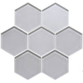 Gray hexagonal glass mosaic tile from solinda metallic hexagon mosaics with a reflective metallic finish