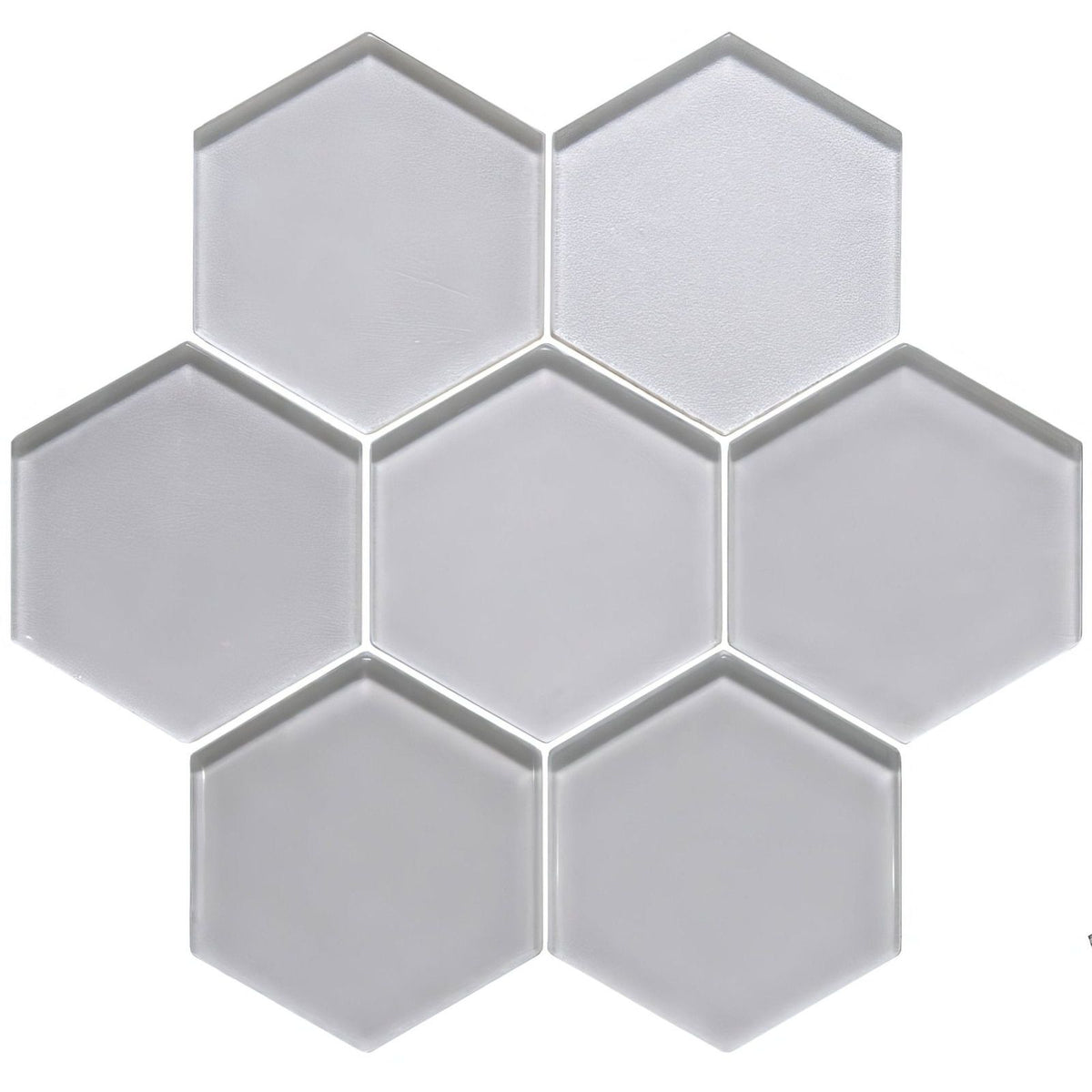 Gray hexagonal glass mosaic tile from solinda metallic hexagon mosaics with a reflective metallic finish