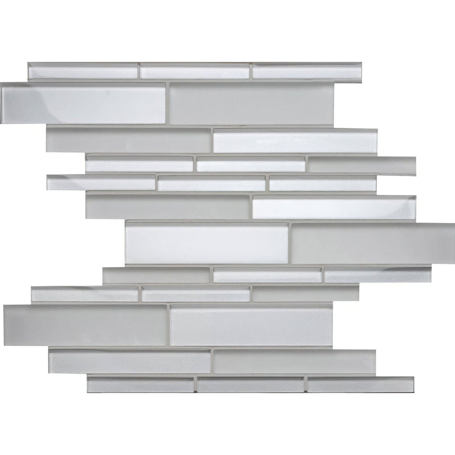 Solinda mixed format mosaic silver-toned glass tile with a modern staggered brick pattern for stylish wall design