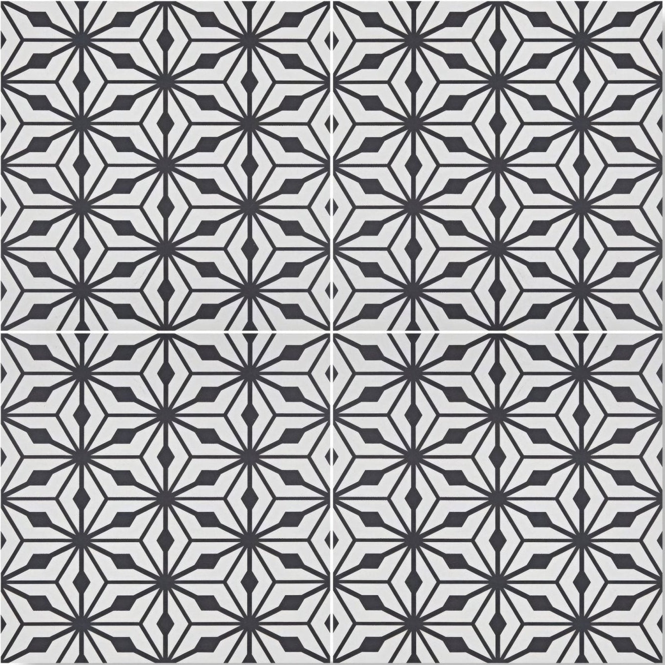 Sorrento nizza porcelain tile with black and white starburst geometric pattern ideal for flooring use