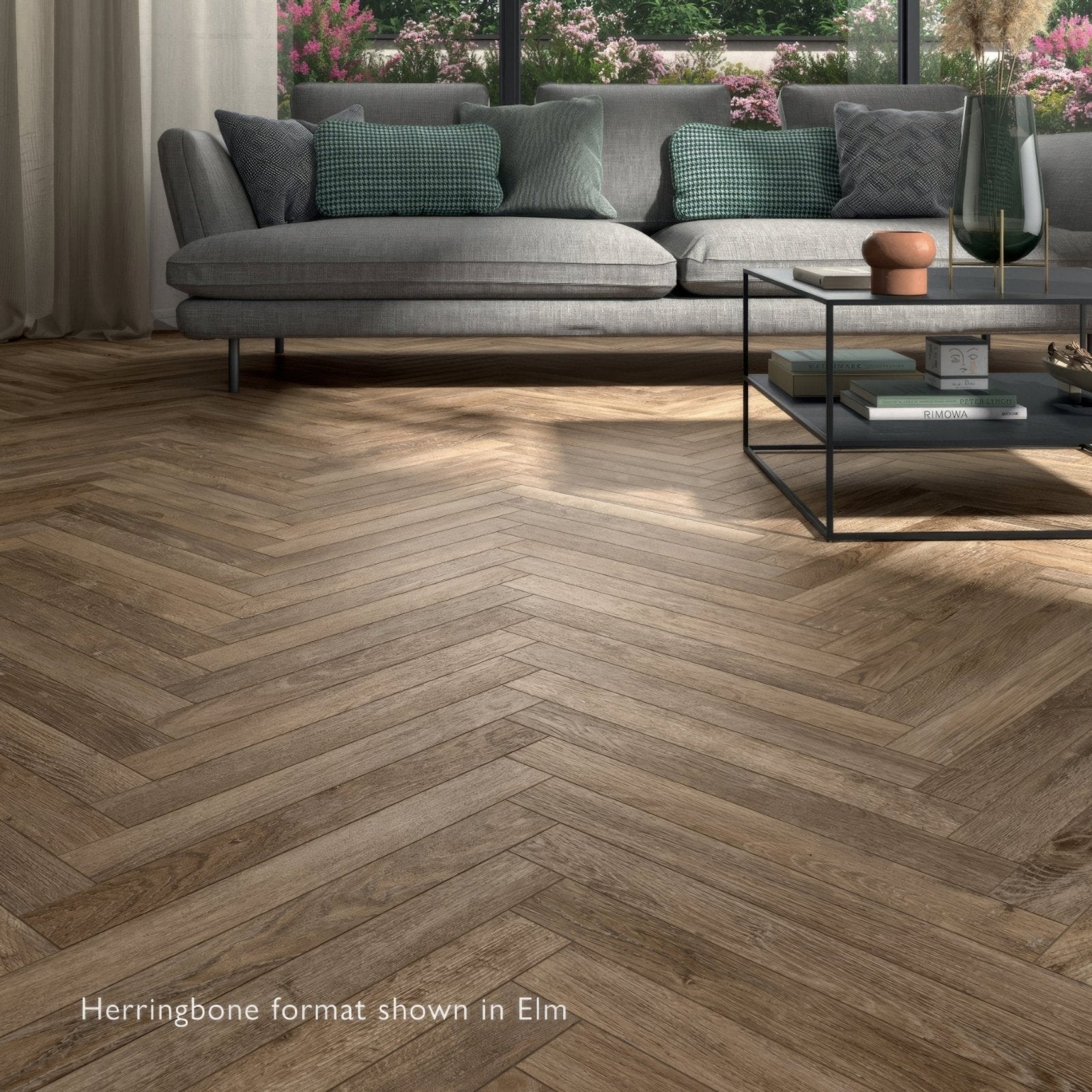 Southwold birch herringbone elm-colored wood flooring tiles with a herringbone pattern for indoor use