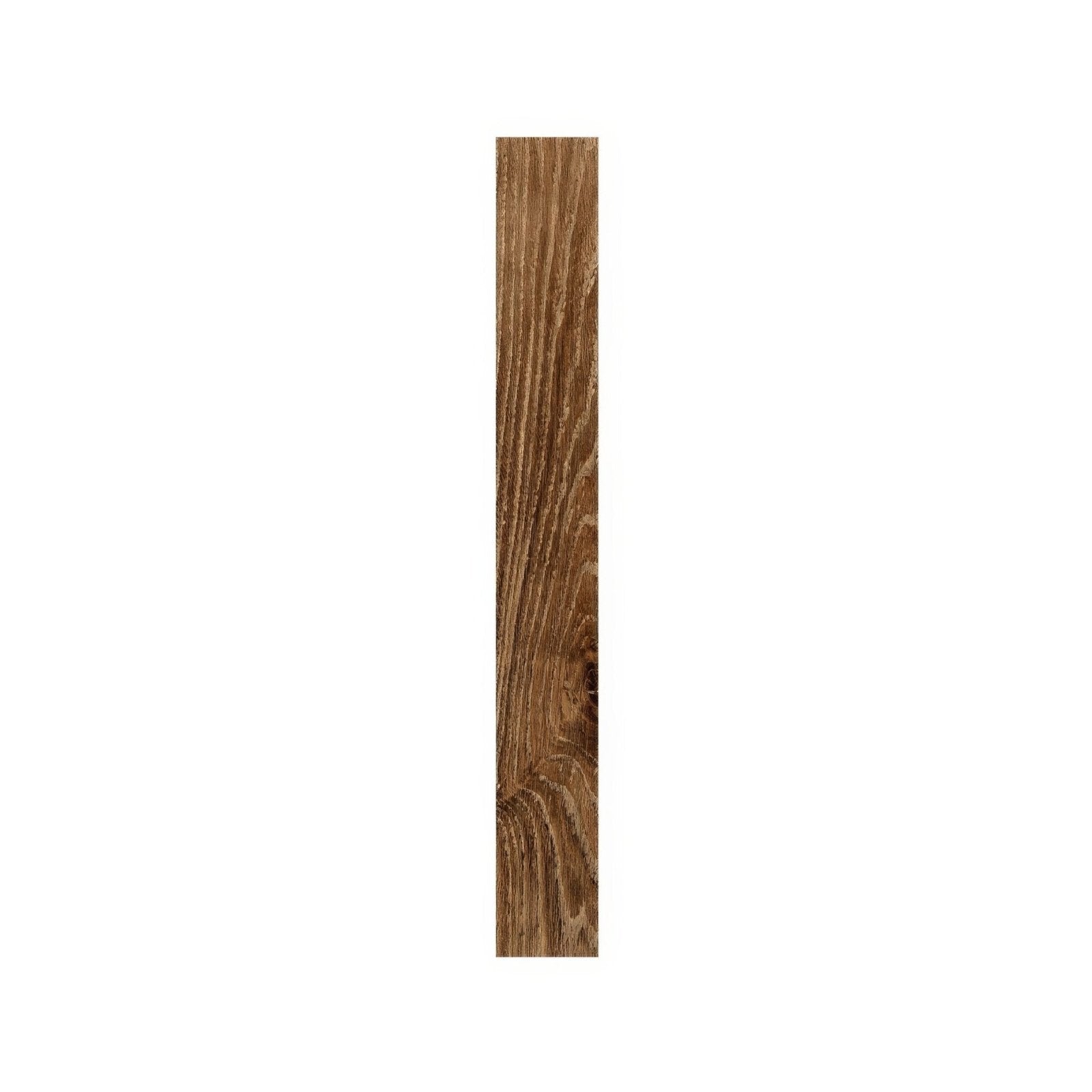 A vertical plank of southwold walnut herringbone wood with medium-brown rustic grain and visible knots