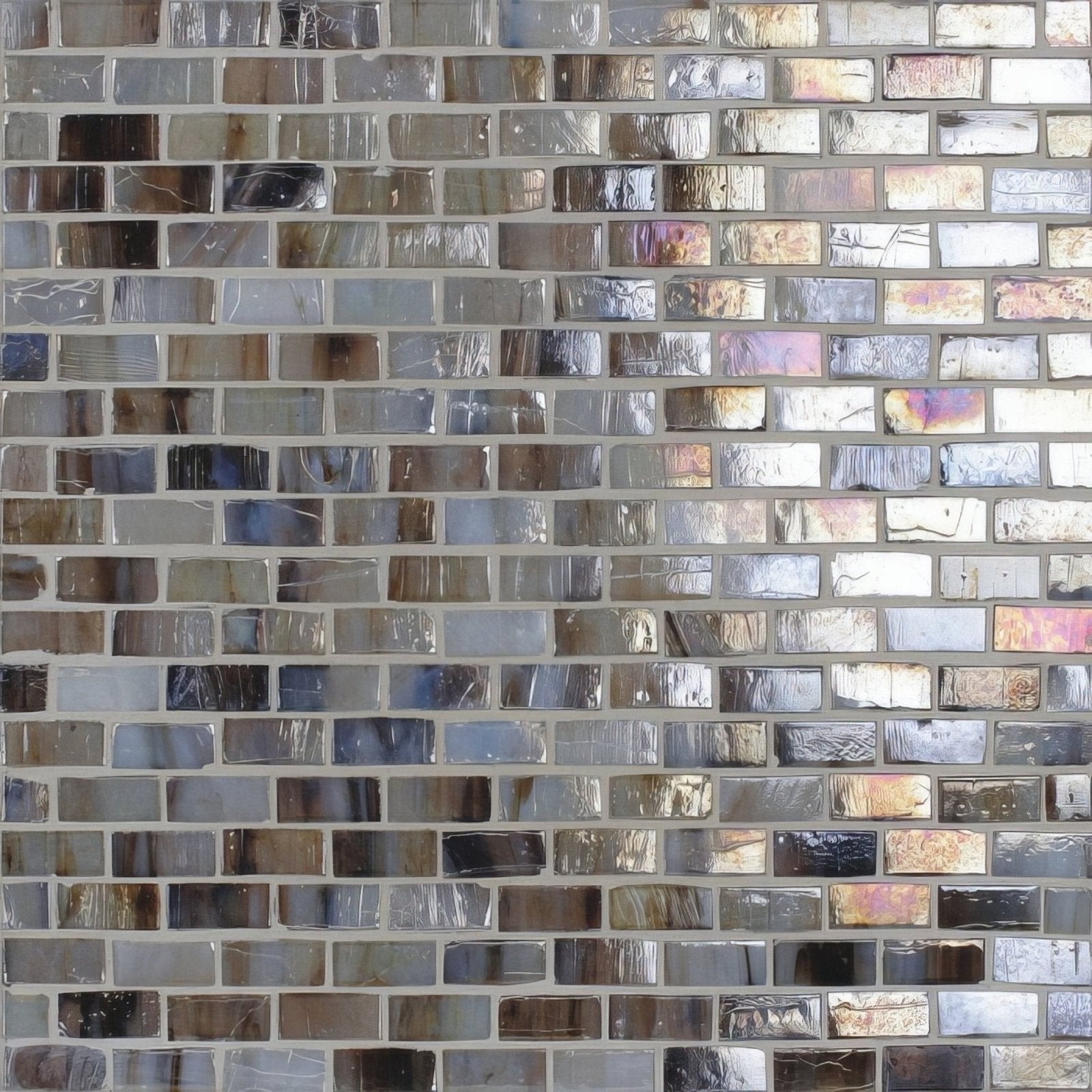 Spa horn brick mosaic brick-shaped metallic tiles in iridescent silver bronze and gray with reflective surfaces