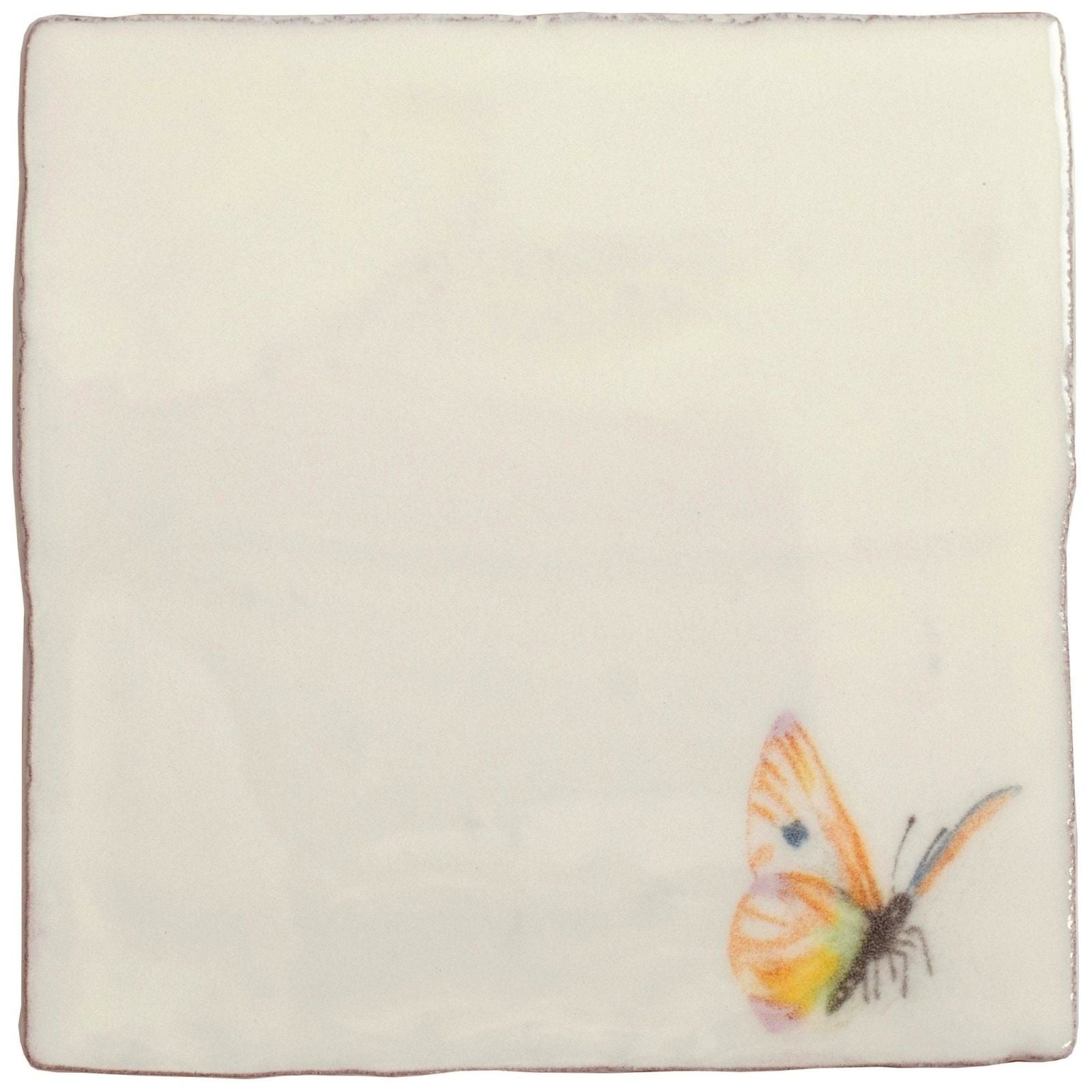 Cream-colored ceramic tile spangled saffron pastel on cotton with delicate hand-painted orange yellow and green butterfly