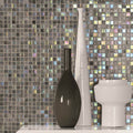 Spectre Film Faced Mosaic 25mm iridescent glass mosaic with a grey vase and two white vases