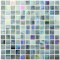 Spectre film faced mosaic 25mm iridescent glass tile in soft gray blue and subtle rainbow hues