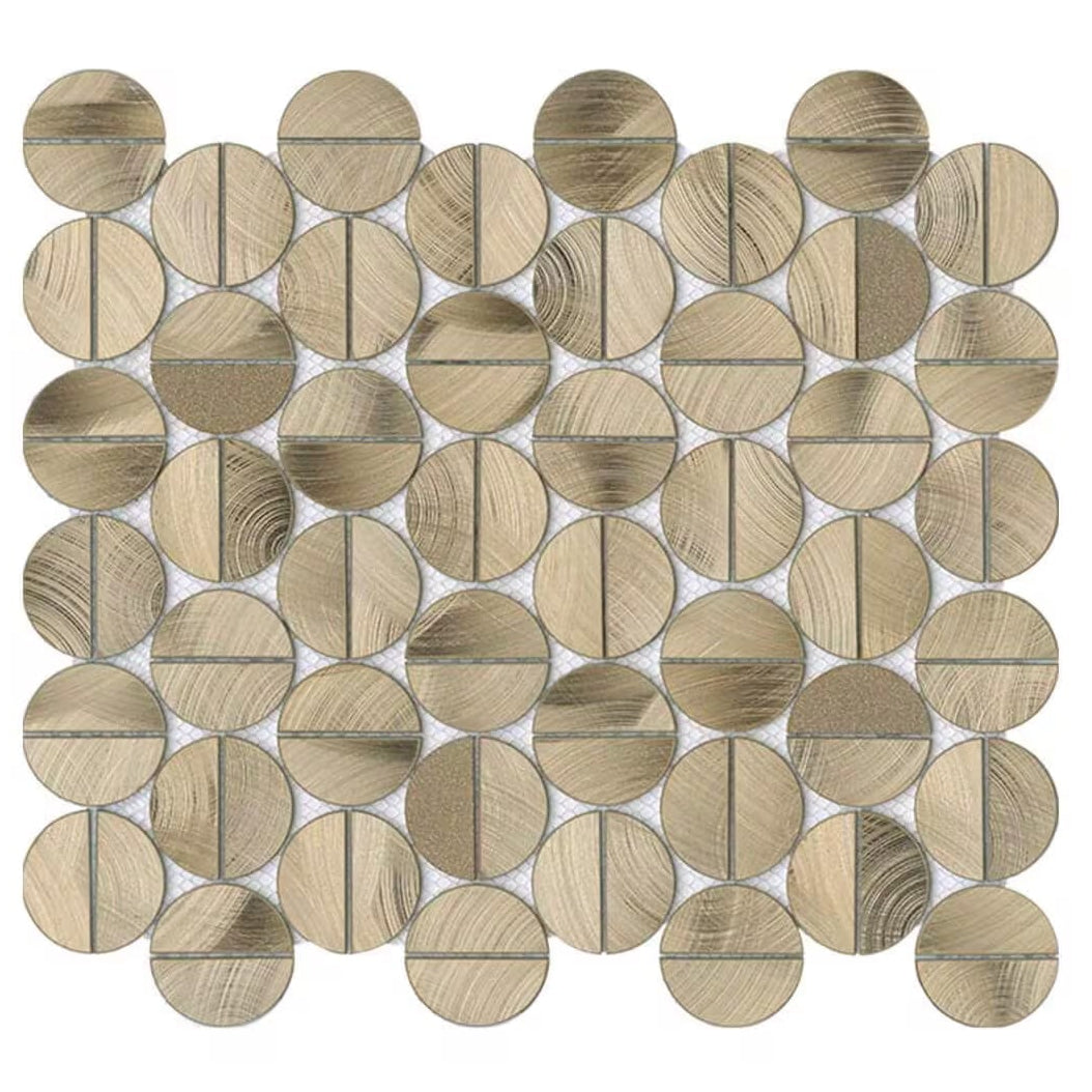 Circular gold-toned sphere copper gold mosaic tile with wood grain texture and subtle metallic sheen