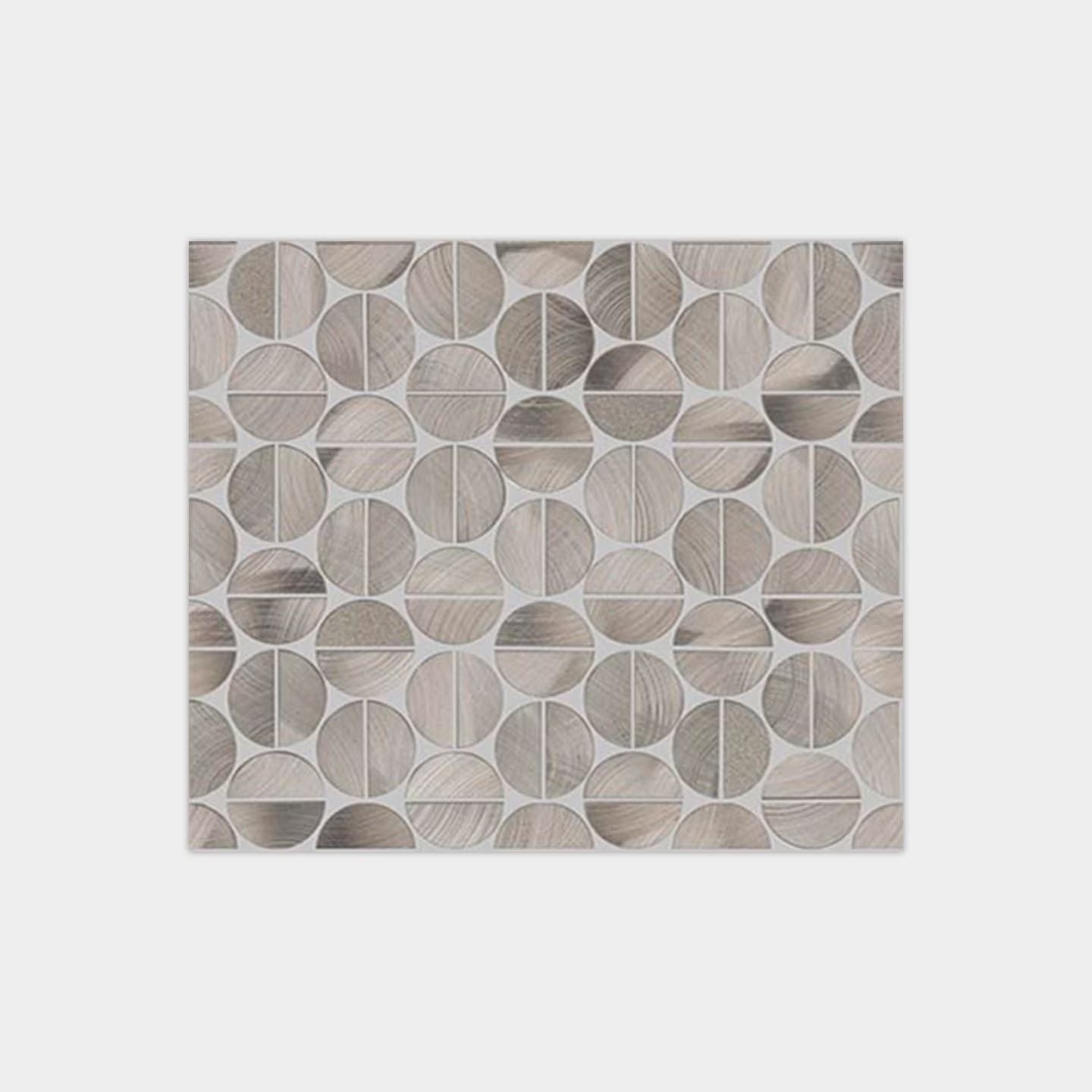 Gray sphere metal mosaic tile with circular textured half-circle patterns and subtle metallic sheen