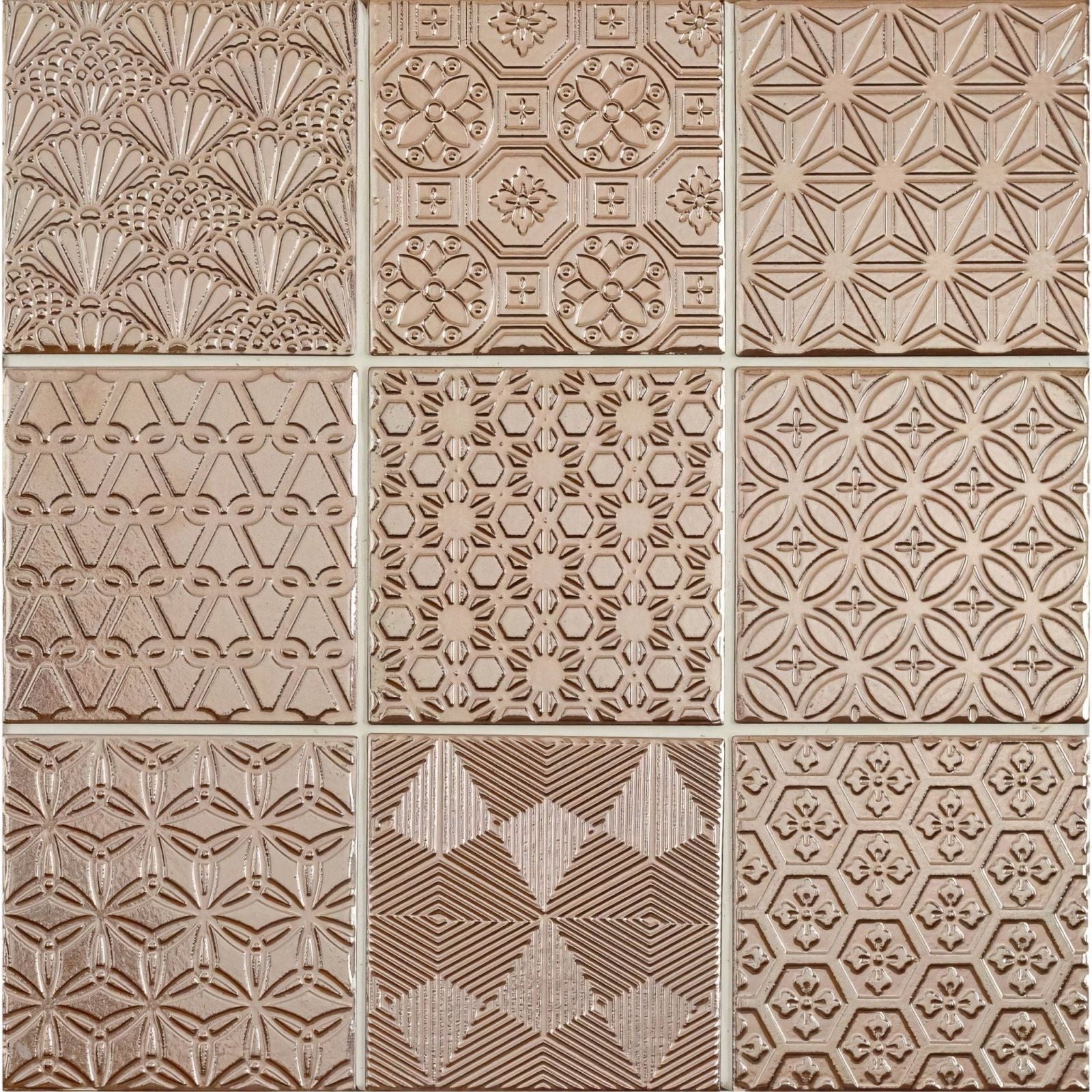 Set of nine vintage-style copper-toned embossed metal tiles with intricate geometric and floral patterns spirit copper mosaic