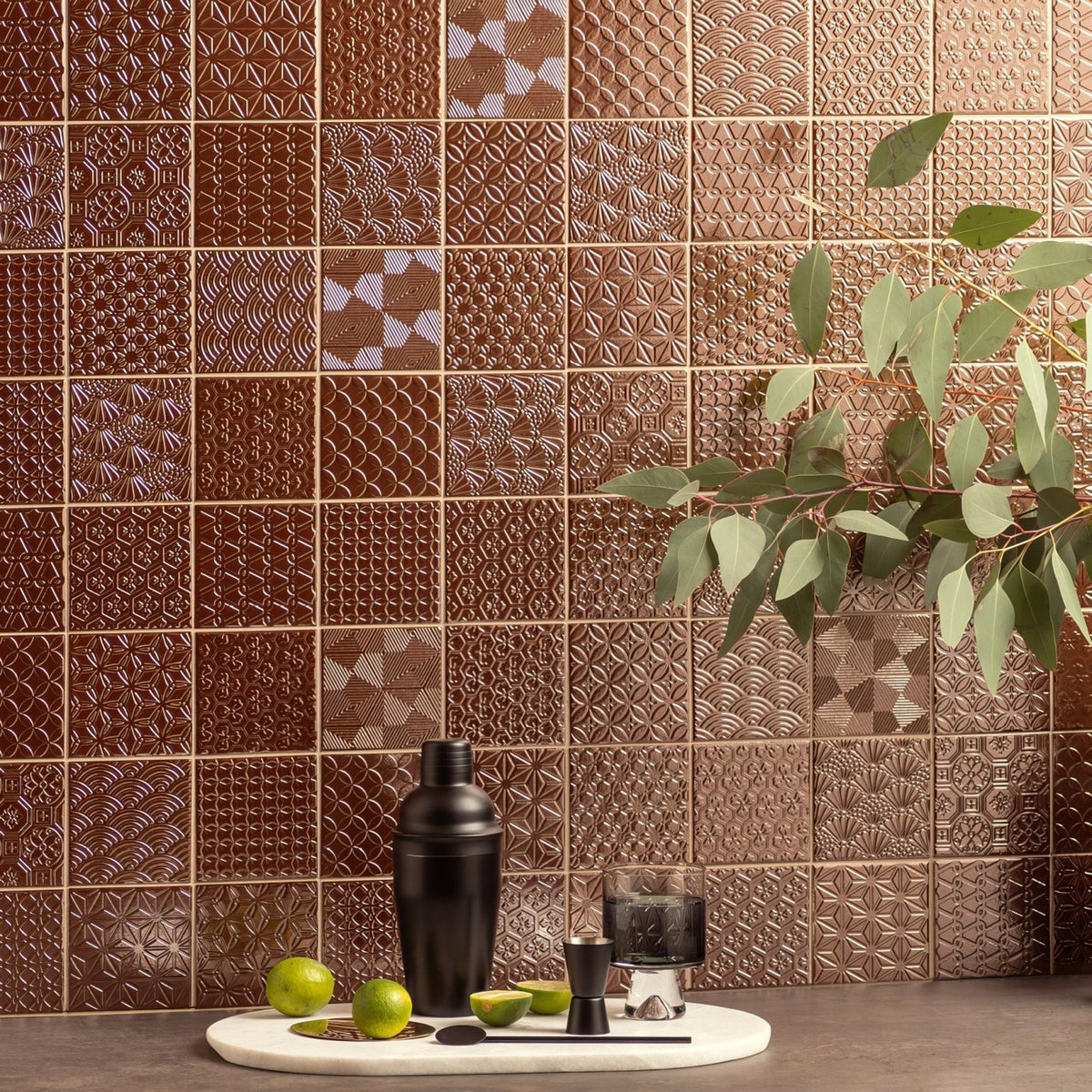 
Spirit Copper Mosaic copper embossed metal mosaic with a black cocktail shaker