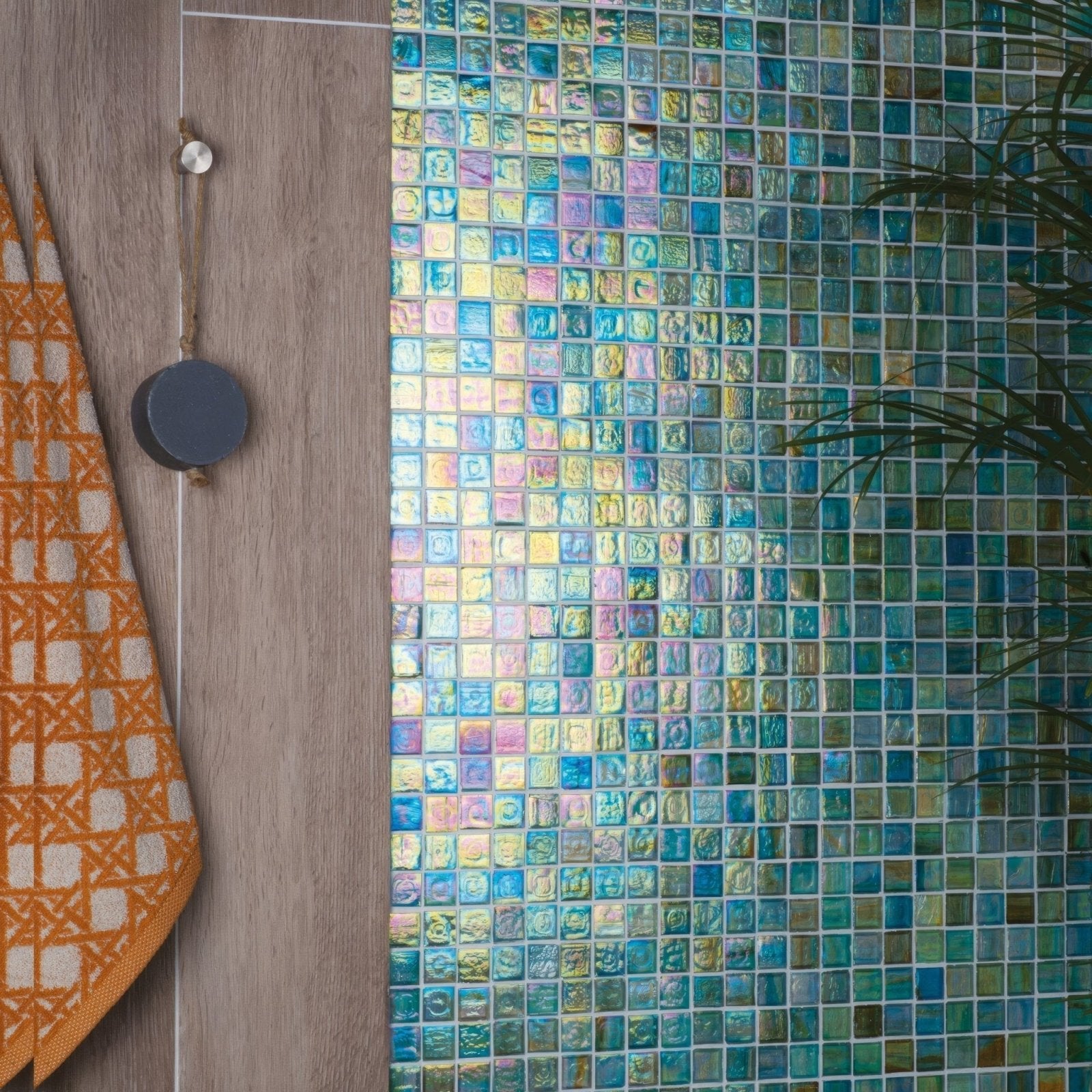 Spirit film faced mosaic 25mm iridescent tile wall with shimmering multicolored blues greens pinks and yellows pattern