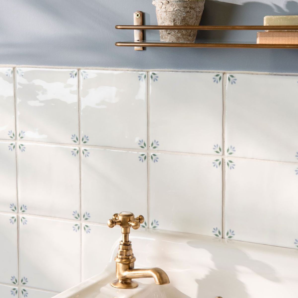 White ceramic spring april cornflower 13 x 13cm wall tiles with subtle blue floral motifs for bathroom decor